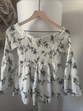 White Floral Smocked Peasant Tunic Top